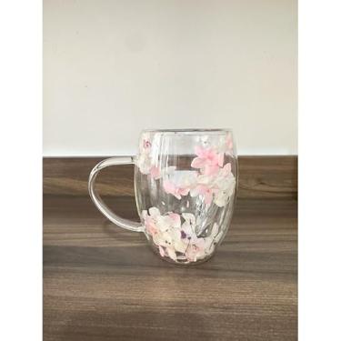 Imagem de Caneca Xícara de vidro duplo com flores artificiais no interior 350ml (03-A)