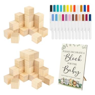 Imagem de Kit de placas de jogos de chá de bebê com 75 peças, kit divertido de decoração de festa de chá de bebê inclui 1 placa de madeira, 50 blocos pequenos de madeira e 24 canetas de tinta acrílica para chá