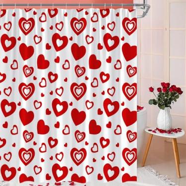 Imagem de JOFKAXU Cortina de chuveiro romântica fofa vermelha branca coração amor exclusivo aquarela estética cortina de banheiro com ganchos, 187 x 177 cm