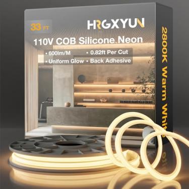 Imagem de HRGXYUN Fita de luzes LED COB de 110 V, corda de luz de LED branca quente de 10 metros com cola traseira, luz de corda de neon de silicone cortável para projetos de iluminação de gabinete, casa