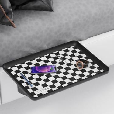 Imagem de Prateleira de cabeceira (quadriculado preto e branco) para beliche de dormitório/beliche superior - Bandeja flutuante de encaixe sem perfuração, almofada antiderrapante incluída, essencial