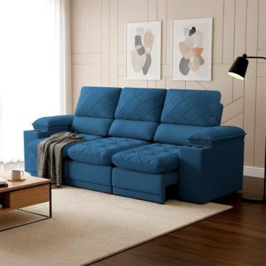 Imagem de Sofá Veneza 2,40m Retrátil Reclinável Azul USB e Porta Copos - King Ho
