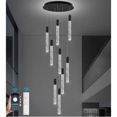 Imagem de Upfelw Lustre De Cristal Moderno De Teto Alto Com 12 Luzes, Grande Iluminação Pendente Em Espiral Led Raindrop Foyer, Escada De Bolhas Para Sala De Estar, Luminária Suspensa Embutida Preta