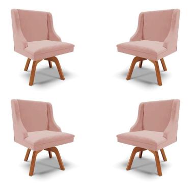 Imagem de Kit 4 Cadeiras Decorativas Sala De Jantar Base Giratória De Madeira Firenze Veludo Rosê/natural G19 - Gran Belo