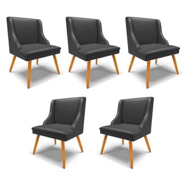 Imagem de Kit 5 Cadeiras Decorativas Sala De Jantar Pés Palito De Madeira Firenze Pu Preto Fosco/natural G19 - Gran Belo