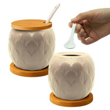 Imagem de Açucareiro Saleiro De Cerâmica Com Tampa De Bambu E Colher 350ml - Wel