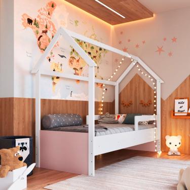 Imagem de Cama Infantil Montessoriana Solteiro Branco com Rosa Completa Móveis