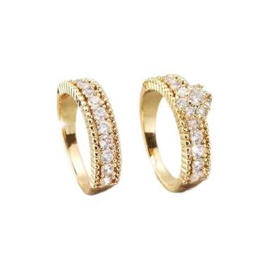 Imagem de 2 peças/conjunto de anéis de noivado de cobre banhado a ouro com zircônia cúbica embutida, alianças de compromisso, festas noturnas, presentes de dia dos namorados, alianças de eternidade para