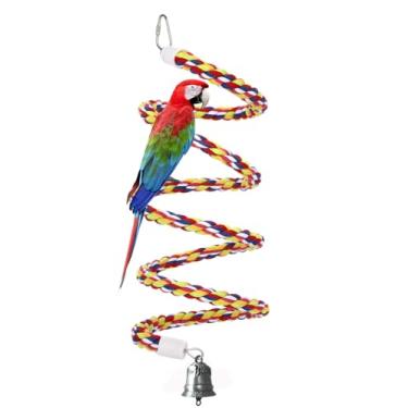 Imagem de Poleiros de corda de pássaro de 163 cm, brinquedos de balanço 100% algodão, poleiro/mastigar com sino escalando em pé, brinquedos de papagaio elástico para pássaros de tamanho pequeno a regular