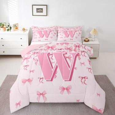 Imagem de jejeloiu Conjunto de edredom com laço rosa para meninas, solteiro, fofo, com laço, letra W, edredom para quarto de crianças, meninos, meninas, monograma, laços coquetes, microfibra, ultramacia