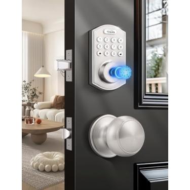 Imagem de Tinewa Fechaduras inteligentes para porta da frente - Fechadura de porta de entrada sem chave de níquel acetinado com maçanetas de porta esférica, fechadura eletrônica digital com impressão digital