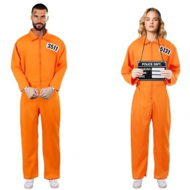 Imagem de Kuberas Macacão de prisioneiro adulto laranja prisão fantasia de prisão criminoso fantasia cosplay Halloween roupa masculina feminina