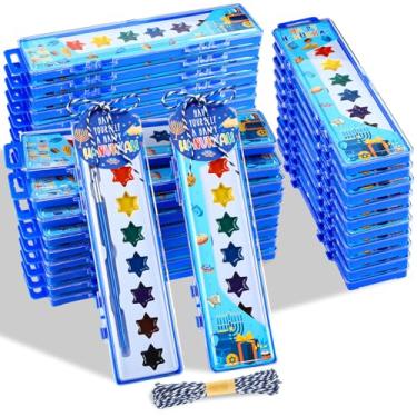 Imagem de AmazingSpark 36 Pcs Hanukkah Watercolor Painting Set for Kids, 8 Washable Colors with Brush Hanukkah Gift Mini Travel Paint Sets with Cards for Children Classroom, School Party Supplies