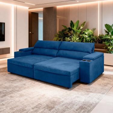Imagem de Sofá Retrátil e Reclinável Molas Ensacadas 290cm Veludo Havana Azul