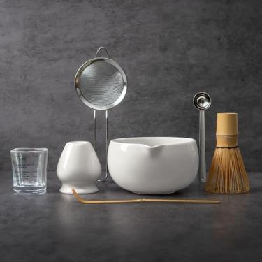 Imagem de Conjunto de batedor Matcha com tigela, kit para fazer matcha batedor de bambu (Chasen), suporte de batedor de cerâmica, peneira para iniciante em pó, utensílios de chá japoneses para presente de