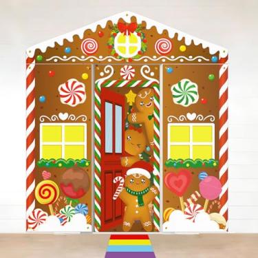 Imagem de 5 peças de decoração de porta de pão de gengibre de Natal - faixa de varanda, pano de fundo frontal, arco-íris, tapete para Natal, casa, sala de aula, escritório, decoração de festa de férias ao ar