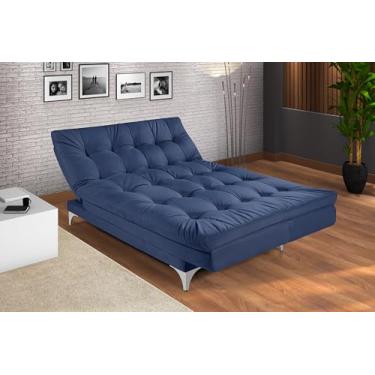 Imagem de Sofá-Cama Reclinável 3 Lugares Versátil com Pés de Alumínio Casa Imperial Azul Marinho Veludo