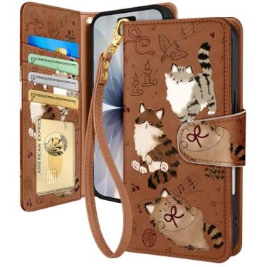 Imagem de Toycamp Capa carteira para iPhone 17 com alça de pulso - Capa de telefone flip de couro com bloqueio RFID 4 porta-cartões para Apple para iPhone 17 Funda estética fofa para mulheres senhoras, gato