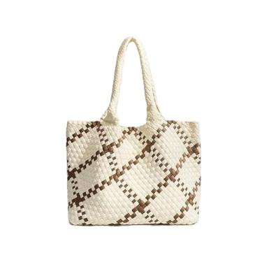 Imagem de Bolsa feminina de tecido com bolsa de mão leve bolsa de ombro de praia para viagens e uso diário, Bege com branco, Large