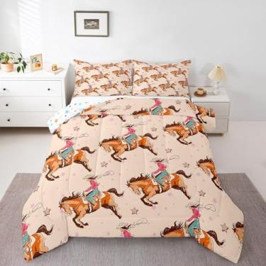 Imagem de Erosebridal Jogo de cama solteiro vaqueira ocidental, cavalo caubói do oeste selvagem, decoração de quarto de meninas, meninos, crianças, conjunto de cama rústico, estilo country, rosa, estampa de