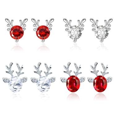 Imagem de RLHRNDE Conjunto de 4 pares de brincos de rena fofos para mulheres, incrível cristal, vermelho, branco, pedras preciosas, chifres de rena, brincos requintados de pérolas, adequado para uso diário