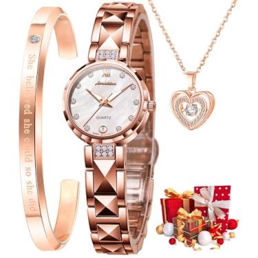 Imagem de OLEVS Relógios femininos ouro rosa vestido luxuoso diamante aço tungstênio moda relógio feminino calendário data luminoso relógio feminino à prova d'água, L8988: pulseira de ouro rosa e mostrador