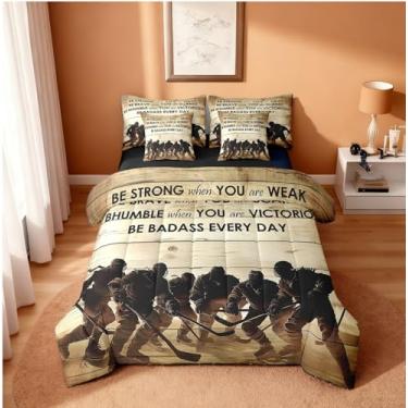 Imagem de Erosebridal Jogo de cama com lençol de cima e lençol de elástico para crianças e adolescentes, 7 peças, com frase de disco de hóquei no gelo, lençol com elástico e lençol com elástico reversível, 7