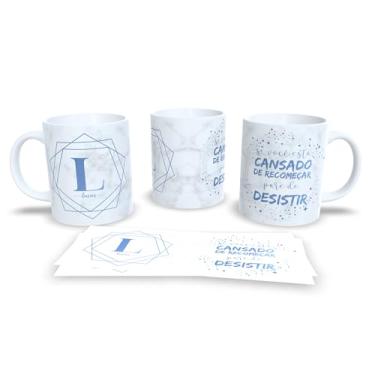 Imagem de Caneca de Cerâmica Personalizada com Monograma e Frase Motivacional, Mármore Branco e Azul, 325ml, Design Geométrico (l)