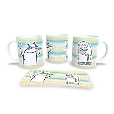 Imagem de Caneca Cerâmica Decorativa Parabéns Amiga, Design Listrado Pastel com Ilustrações, 325ml, Presente para Aniversário (12876)