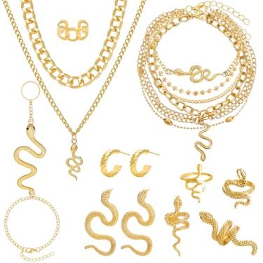 Imagem de SUBANG Conjunto de 15 peças de joias de cobra para mulheres corrente longa colar grosso em camadas requintado pulseira de cobra anéis tornozeleira brincos vintage conjunto de joias de ouro para