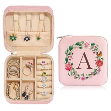 Imagem de Caixa de joias para mulheres, estojo organizador de joias inicial para viagem, colar e brincos, caixa de anel, presentes de aniversário de Natal para irmãs filhas, letra A-Z, rosa fofo