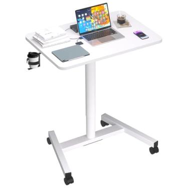 Imagem de MPETAPT Mesa móvel de 71 cm, altura ajustável com suporte para copos, mesa de pé portátil com rodas bloqueáveis, mesa de rodinhas para casa, escritório, sala de aula, hospital (branco-neve, clássico