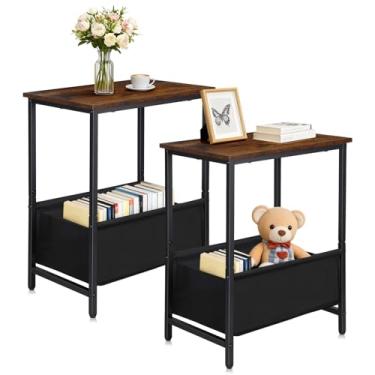 Imagem de NovaNoka Conjunto de 2 mesas de cabeceira com cesta de armazenamento de tecido, mesas laterais pequenas para sala de estar, quarto, escritório e espaços pequenos, marrom rústico