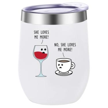Imagem de ATHAND Copo de vinho She Loves Me More, copo de café gelado de aço inoxidável isolado de 340 g com tampa, caneca de café divertida para viagem, garrafa de água, presente de aniversário de Natal fofo