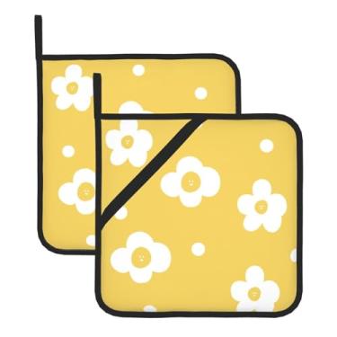 Imagem de Conjunto de tapetes quadrados resistentes ao calor com flores quebradas pequenas e frescas, 2 peças antiderrapantes com alças para pendurar, para balcão de cozinha e proteção de mesa de jantar.