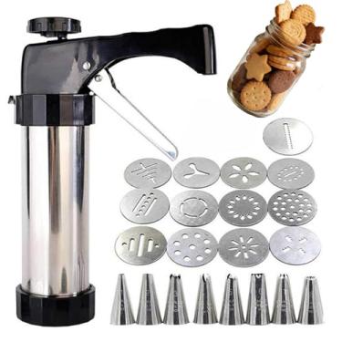 Imagem de MáQuina De Fazer Biscoitos Em AçO InoxidáVel,Tipo Prensa Manual,FáCil E Sem EsforçO De Operar Com Retorno AutomáTico,13 Moldes Decorativos E 7 Bicos De Confeitar Para Uso DoméStico