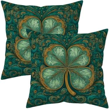 Imagem de Puacino Conjunto de 2 capas de travesseiro de Dia de São Patrício, 45,7 x 45,7 cm, trevo verde, trevo de quatro folhas, capa de almofada decorativa Celtic Lucky Irish Farmhouse para sofá cama