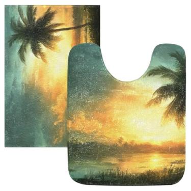 Imagem de WELLDAY Conjunto de tapetes de banheiro de 2 peças, tapetes de banheiro macios e absorventes antiderrapantes, tapete de banheiro paisagístico ao anoitecer para banheiro, chuveiro