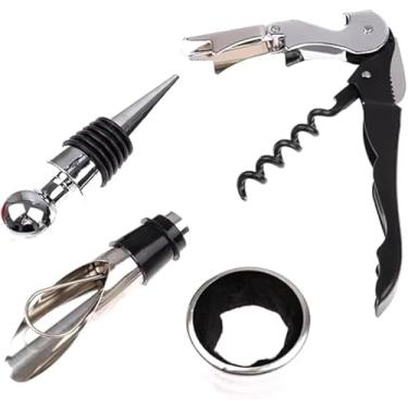 Imagem de Kit Acessórios para Vinho Premium, 4 Peças, Saca-Rolhas Profissional com Abridor, Tampa Salva Gotas e Aerador, Aço Inoxidável e Plástico, Preto e Prata