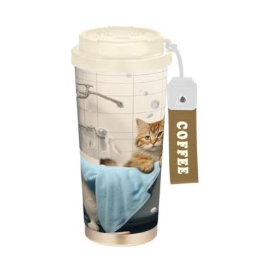 Imagem de YETTASBIN Caneca de café de viagem com isolamento térmico Cat de 500 ml com tampa canudo, copo à prova de derramamento e vazamento com alça para bebida quente e fria, garrafa de água de aço inoxidável