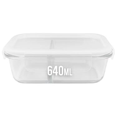 Imagem de Pote Hermético de Vidro Retangular com 2 Divisórias, Tampa Plástica Vedada, Travas Laterais, 640ml, para Marmita e Armazenamento de Alimentos