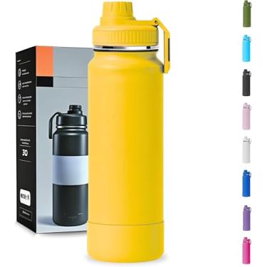 Imagem de Garrafa Térmica 1000ML - Duplamente Isolada a Vácuo, Aço Inox 304, Base Emborrachada Anti Derrapante, Mantém Bebidas Quentes por 12 Horas e Geladas por 24 Horas (Amarelo Slin)