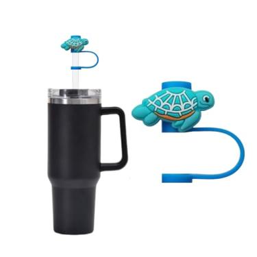 Imagem de Capa de palha de tartaruga azul para copo Stanley de 40 e 850 g, tampa de cobertura de palha de silicone de 10 mm para acessórios de copo Stanley, topo de canudos fofos para copos, tampa de tampa para