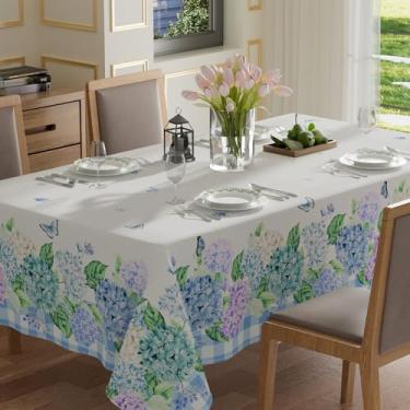 Imagem de XCHI Toalha de mesa xadrez com flores de hortênsia borboleta primavera quadrada toalha de mesa lavável para jantar em ambientes internos e decorações de festa em casa 152 x 152 cm