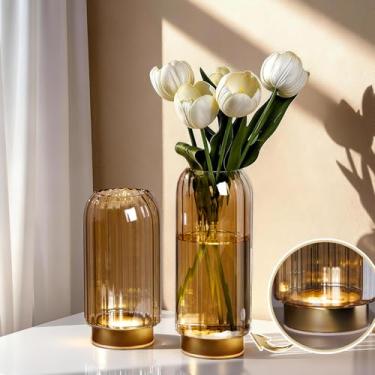 Imagem de Vaso de LED com luzes, conjunto de vasos de flores com temporizador, operado por bateria, vasos de flores de vidro soprado à mão para mesa de tulipas, decoração de casa, presente para esposa, dia dos