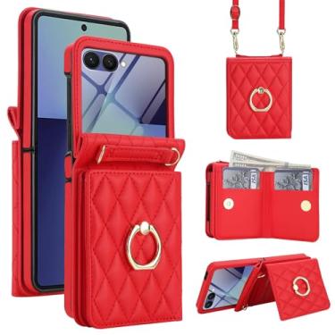 Imagem de AJDJTEN Capa carteira de telefone para Samsung Galaxy Z Flip 7 moda bolsa de couro PU capa transversal com anel protetor de tela cordão ajustável slot para cartão suporte magnético para mulheres