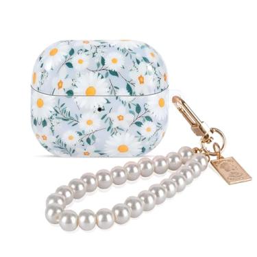 Imagem de CameCosy Capa protetora compatível com Samsung Galaxy Buds 3/3 Pro/3 FE com chaveiro de pulseira de pérola, capa de TPU com padrão de margarida branca para mulheres e meninas, capa à prova de choque