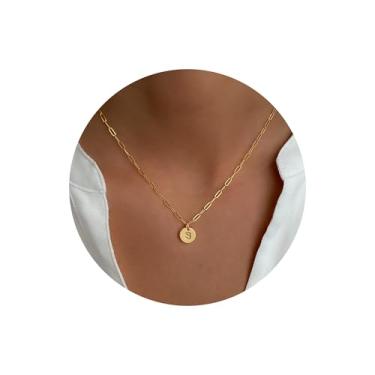Imagem de Colar feminino com inicial delicada banhada a ouro 14 K, corrente moderna com clipe de papel, letra S, disco, pingente de gargantilha de aço inoxidável, não mancha, joias de aniversário personalizadas
