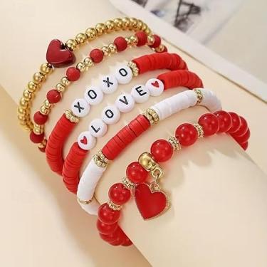 Imagem de Conjunto de 6 pulseiras de coração vermelho para o dia dos namorados, argila de polímero e acrílico com contas de amor, doce escolha de presente para namorada, Medium, Argila de polímero, Ágata