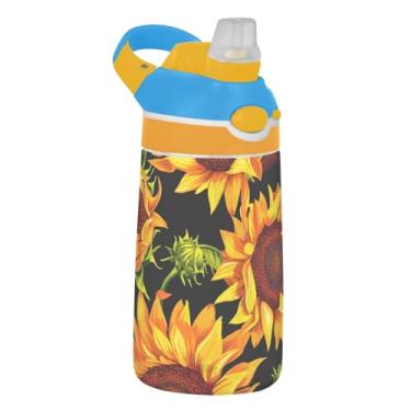 Imagem de Girassóis Vibrantes Preto Infantil Garrafa de Água de Plástico à Prova de Vazamento 473 ml Garrafa de Água de Plástico à Prova de Vazamento com Tampa de Canudo 473 ml Tritan Copo de Bebida Portátil